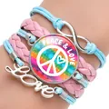 Multilayer braided bracelet with colorful peace sign and infinity charm in pink and blue - Pale Blue