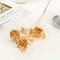 Gold artificial rose flowers branch decor, elegant metallic finish home decoration item. - 3-Head Rose / Gold