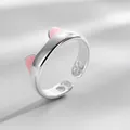 Niedlicher silberner Katzenohr offener Ring für Damen, verstellbarer rosa Pfoten Schmuck. - Katze mit rosa Ohren