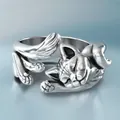 Silberner schlafender Katzen Ring, Verstellbar, Suesses Katzenpfote offene Ring Variante - Faule schlafende Katze
