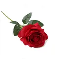 Single red artificial silk rose with green leaves and stem for home and wedding decor. - Mao Velvet Red