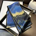 Blue and gold silk ribbon scarf, luxury art design mulberry silk neckerchief for women. - 19135 - Main Image