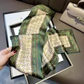 Green mulberry silk ribbon scarf with classic horsebit print, elegant long neckerchief. - Green