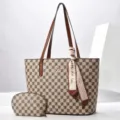 Close-up detail of a stylish beige checkered tote bag featuring a matching pouch and silk scarf - 32*12*28cm / Square Grid Style / Khaki