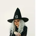 Sombrero de bruja negro clásico con hebilla de strass plateada para fiesta Halloween - Dense velvet black hat with silver buckle / Talla única
