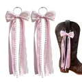 Elegant pink ribbon bow boot charm with pearls and lace detail for western boots - 18cm / Pink