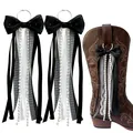 Elegant black bow ribbon pendant for cowboy boots featuring faux pearls and lace details - 18cm / Black