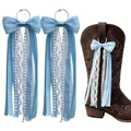 Elegant light blue bow ribbon boot charms with pearls and lace detail for cowboy boots - 18cm / Blue