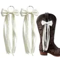 Western cowboy boot ribbon bow charms with elegant pearls and lace ribbons - 18cm / Off White