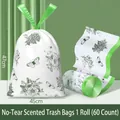 Bolsa de basura con cordón flores blancas 1 rollo 60 piezas diseño fácil de tirar - 45x50cm / Repelente de Mosquitos Engrosado (60 Unidades)