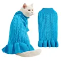 Cozy blue cable-knit pet sweater with stylish ruffles, perfect warm winter clothing for cute cats. - Blue