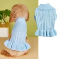 Detailed view of cute light blue cable knit pet sweater with adorable ruffled hem for small dogs. - S / Light Blue