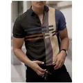 Men's short sleeve polo shirt featuring retro 3d stripe print and casual color block design. - S / Tops / PLD-10