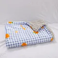 Cozy blue white checkered pet sleeping mat with warm fleece lining and cute orange print. - S / Blue Plaid on Grey Background