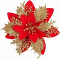 Fiore di Natale Glitter Oro Rosso 14cm Poinsettia Artificiale Decorazione Albero - Fiore di Natale a Doppio Strato 14cm / Rosso oro