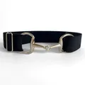 Detailed view of the black elastic waist belt featuring a luxury gold horsebit buckle close-up - Black
