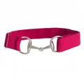 Close-up detail of the pink elastic waist belt featuring a silver horsebit metal buckle. - Rose Red