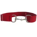 Close-up detail of red stretch elastic waist belt featuring a silver horse bit buckle. - Red