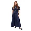 Stilvolles marineblaues Denim-Set mit Kurzarm-Top und Maxirock mit Goldknöpfen - S / Oberteile / Top mit Schlangenmuster