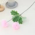 Close-up detail of artificial pink pompon chrysanthemum flower branch with green leaves. - 2-Head Pompon Chrysanthemum - Pink