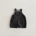 Detailed shot of infant leopard print overalls set, gray tank top and shorts, baby detail view - 73cm / Set