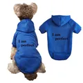 Close-up detail of blue fleece pet dog hoodie featuring back pocket and letter print design. - Blue
