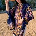 Summer thickened linen retro ethnic style printed beach towel seaside sun protection shawl - Ethnic Style Peonies in Navy Blue / 180cm