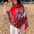 Red Ethnic Print Cotton Linen Scarf Summer Beach Shawl Retro Style Multi-purpose - Ethnic Style Peonies in Bright Red / 180cm