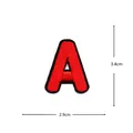 Detailed close-up of red embroidered letter A patch with black border, showing fine stitching. - Letter A