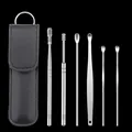 Stainless steel ear pick set 6 pieces with black leather storage pouch daily care tool. - 6-Piece Set / Black