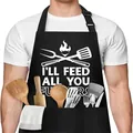 Tablier de cuisine noir réglable avec texte drôle BBQ et poches pratiques pour la cuisson. - All You