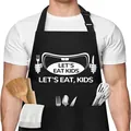 Black cotton cooking apron with funny text, adjustable neck strap and front pockets for kitchen. - Kids