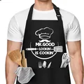 Black cooking apron for men and women with funny chef quote and front pockets utility. - Mr. Good