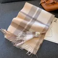 Checked winter scarf for women, cozy warm cashmere feel tassel shawl and long thick wrap. - Camel & Coffee Plaid / 180cm