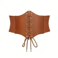 Vista dettagliata della cintura corsetto marrone larga con allacciatura e lati elastici. - Stile Corda Tonda Bordi Dipinti / Cammello