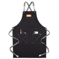 Black canvas work apron variant with cross back straps, multi-pockets for kitchen and cafe use. - Webbing Thick Canvas Style E / Black