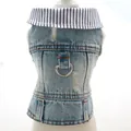Macro view of distressed dog denim vest featuring a sturdy leash D-ring and collar. - XS / Blue Striped Denim Vest