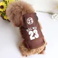 Detail of brown denim dog vest featuring '23' print and hood on a poodle dog. - XS / Number 23 (Brown) / Brown
