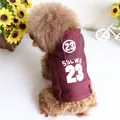 Detailed back view of a poodle dog wearing a maroon printed denim hooded pet vest - XS / Number 23 (Red) / Red