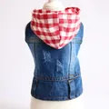 Back view of a pet denim vest featuring a red checkered hood and distressed details - S / Blue/Red Plaid