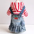 Adorable pet denim dress featuring red striped hoodie and cute cherry embroidery detail - XS / Red Striped Cherry Embroidered Denim Dress