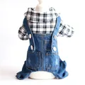 Close-up showcasing the layered design of plaid shirt with distressed denim pet overalls - XS / Plaid Denim Patchwork