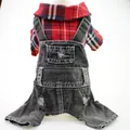 Close-up of red plaid dog jumpsuit with distressed black denim overalls for small pets - XS / Red Plaid Black Denim