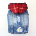 Close-up of pet denim vest featuring a red plaid hood and delicate daisy embroidery. - XS / Red Plaid Hooded Daisy