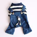 Close-up of stylish navy striped pet shirt with blue denim overalls for small dogs. - XS / Blue Striped (Clock Charm)
