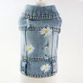 Close-up detail of embroidered white daisies on light blue distressed denim pet dog vest - XS / Light Blue (3 Daisies)