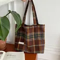 Brown plaid woolen tote bag for women, retro autumn winter large capacity shoulder bag. - Brown Plaid Woolen