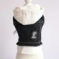 Back view of a distressed denim dog vest with integrated white hoodie on a mannequin. - S / Fake Two-Piece White Hood Style