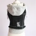 Detailed view of dog denim vest hoodie with distressed ripped patterns and grey hood - XS / Fake Two-Piece Grey Hood Style