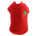 Detail van een rood gewatteerd vest voor huisdieren met aardbeienborduurwerk en flanellen textuur. - XS / Rode Aardbei